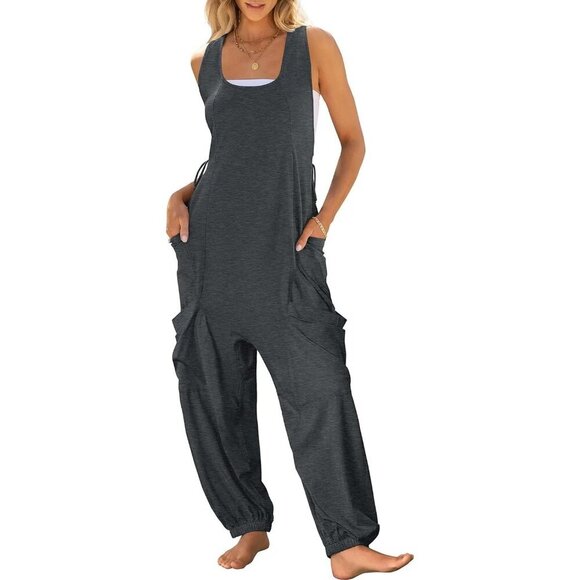 Pants - Women Dark Grey Overall Jumpsuit Loose Casual Dressy Sleeveless Baggy Romper